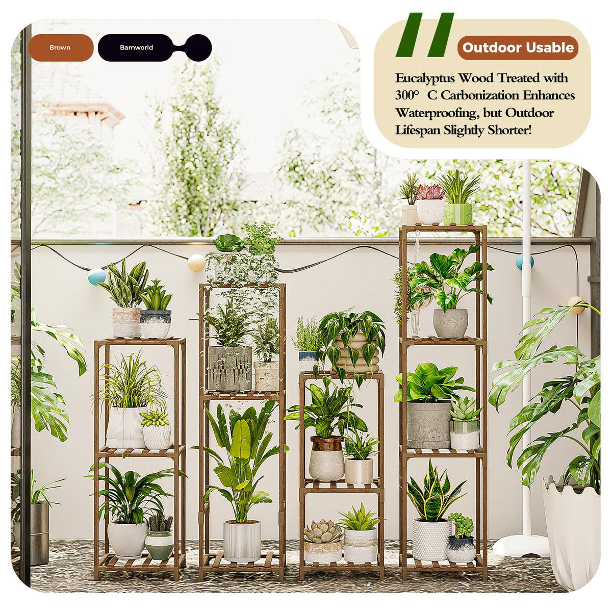 Bamworld wooden plant holder set with carbonized eucalyptus finish.