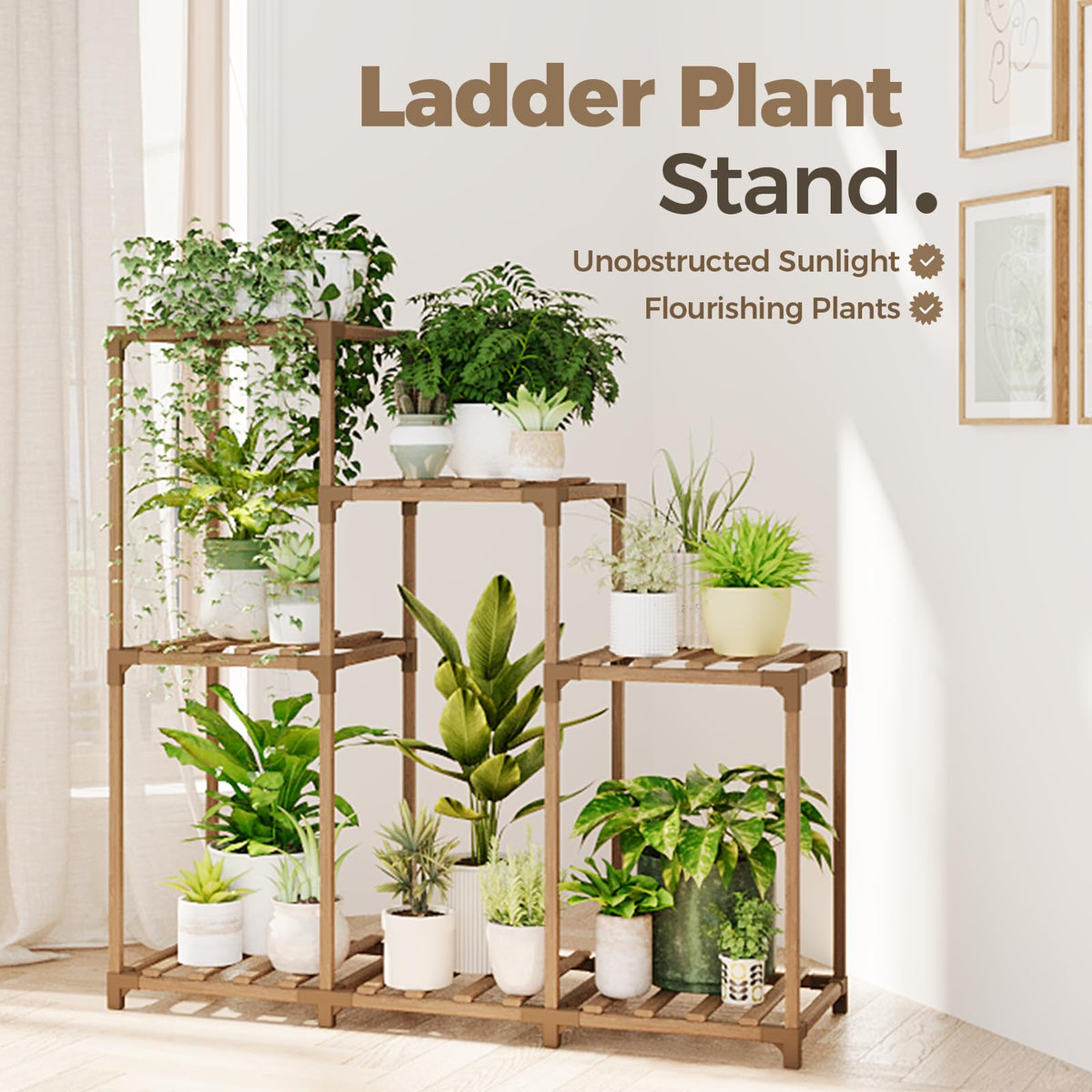 Bamworld carbonized eucalyptus wood plant shelf highlights durable waterproof surface.