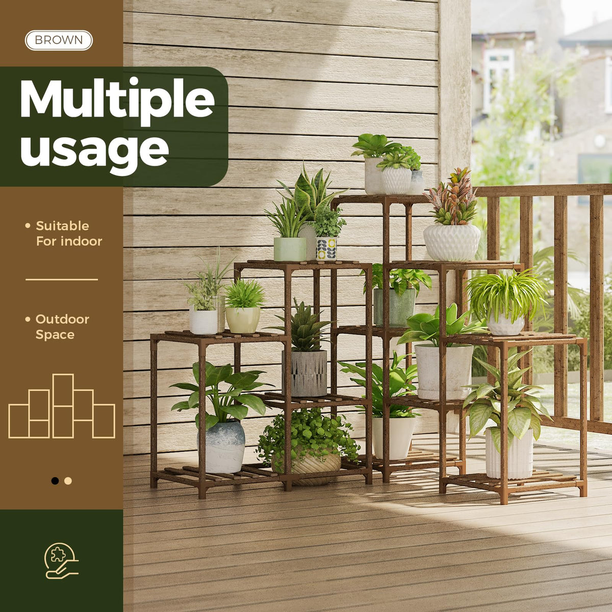 Bamworld wooden tall stand displays multiple plants in a living room.