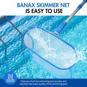 Banax Extra Large Pool Skimmer curved edge, directs debris toward net for efficient cleaning.