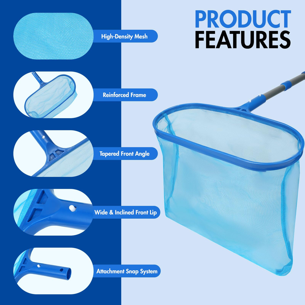 Banax Extra Large Pool Skimmer leaf collector, curved edge for quick debris pickup.