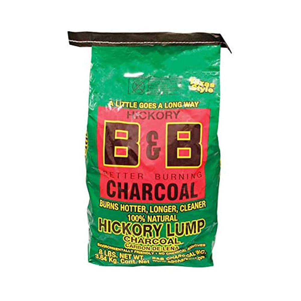 B&B Charcoal Signature Long-Burning Hickory Lump Charcoal in a bag for steady grilling.
