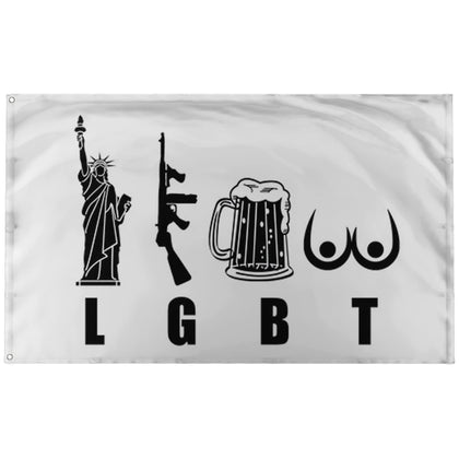 Banger Flags LGBT Liberty Guns Beer Tits flag with vivid colors for dorm decor.