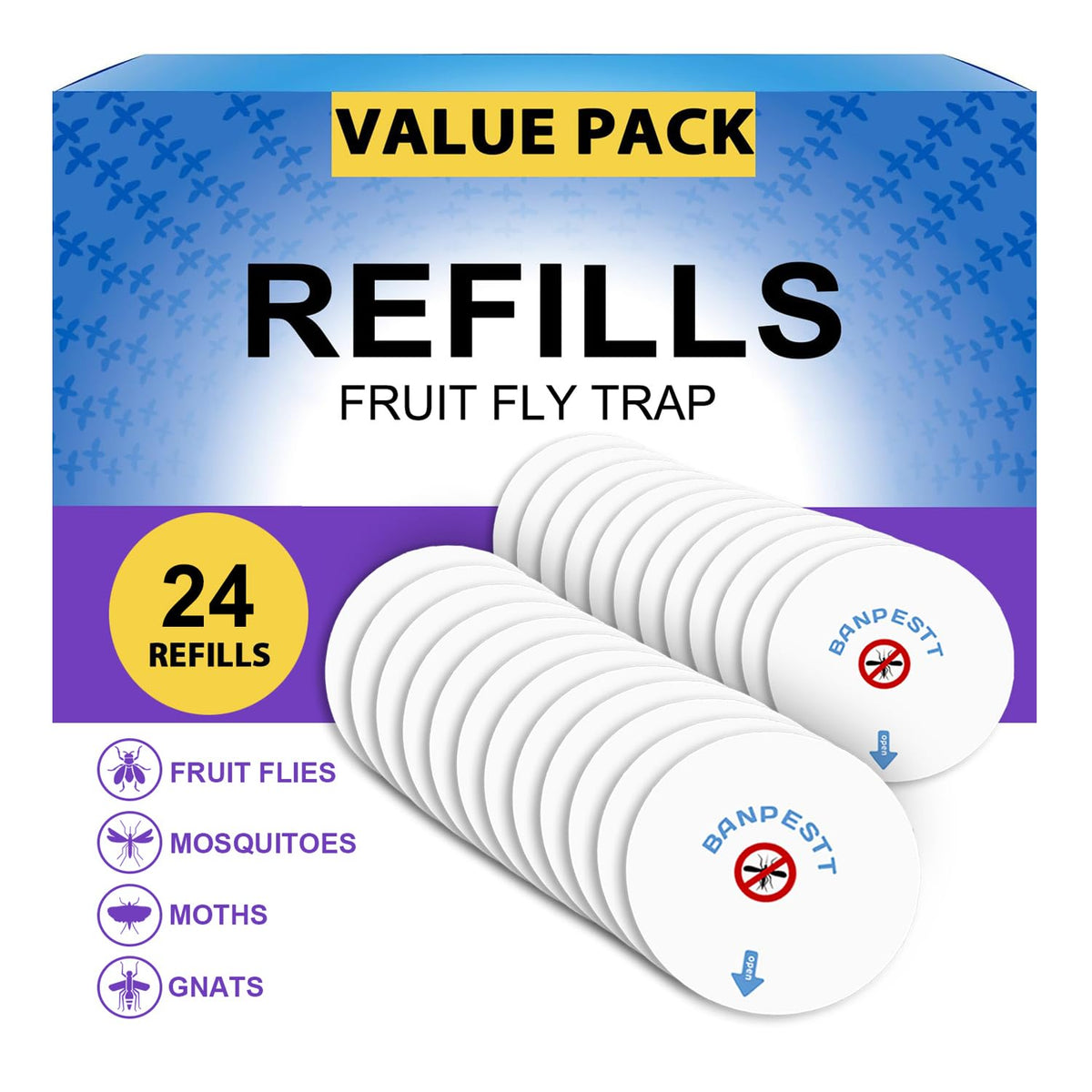 BANPESTT fruit fly trap refill 4.3-inch sticky board for indoor control.