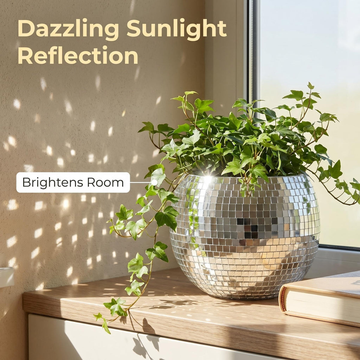 BAOBYAO disco ball planter reflective surface catches light in bright spaces