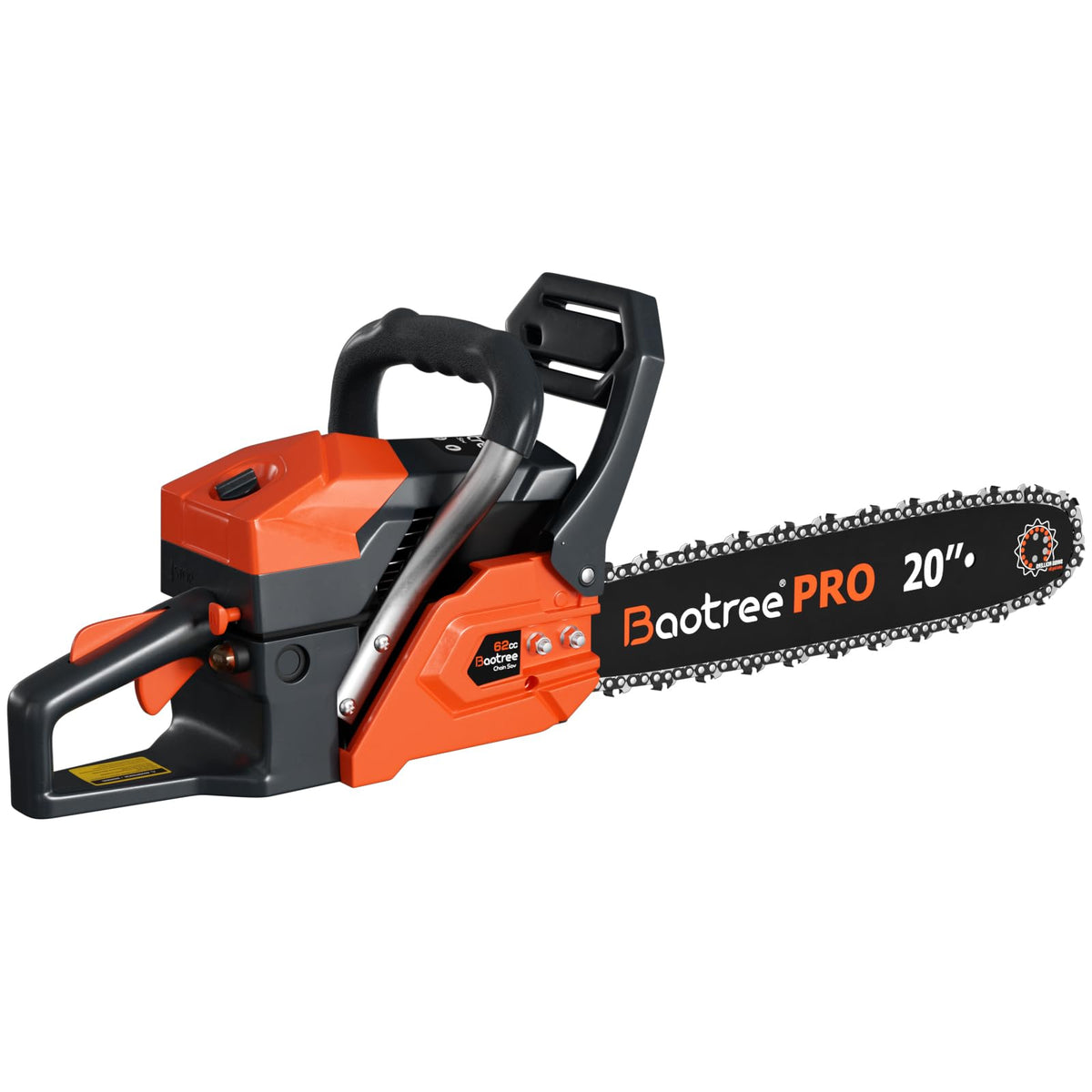 Baotree 62CC 20in chainsaw side view showing ergonomic design