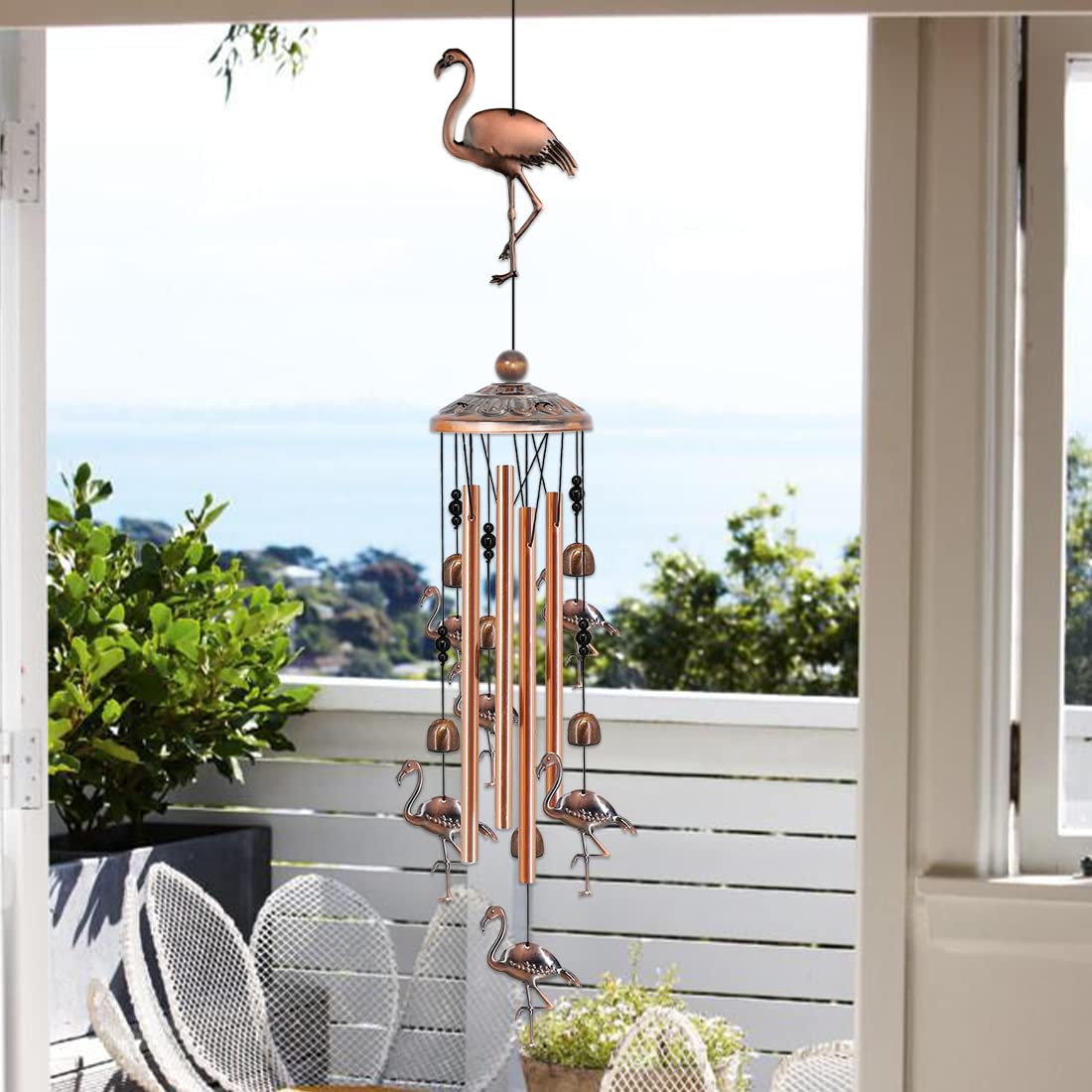 Baoxue flamingo wind chimes with nylon rope for weather-resistant hanging.