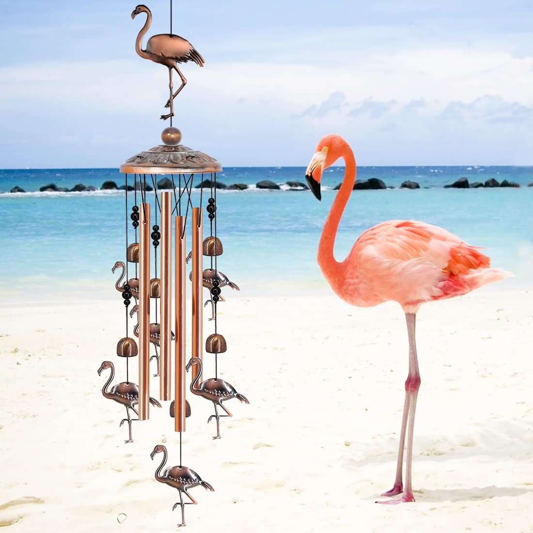 Baoxue flamingo wind chimes with copper-plated surface for retro garden vibe.