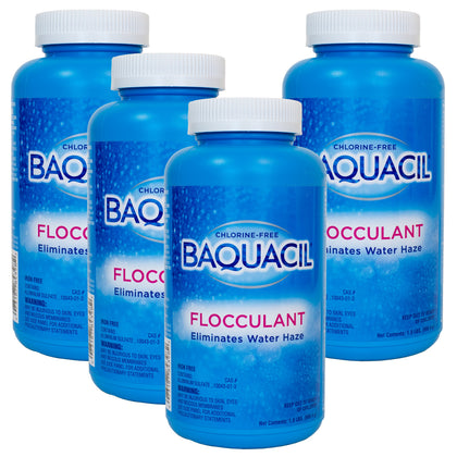 Baquacil Flocculant bottle dissolving to clear cloudy pool water for easier maintenance.