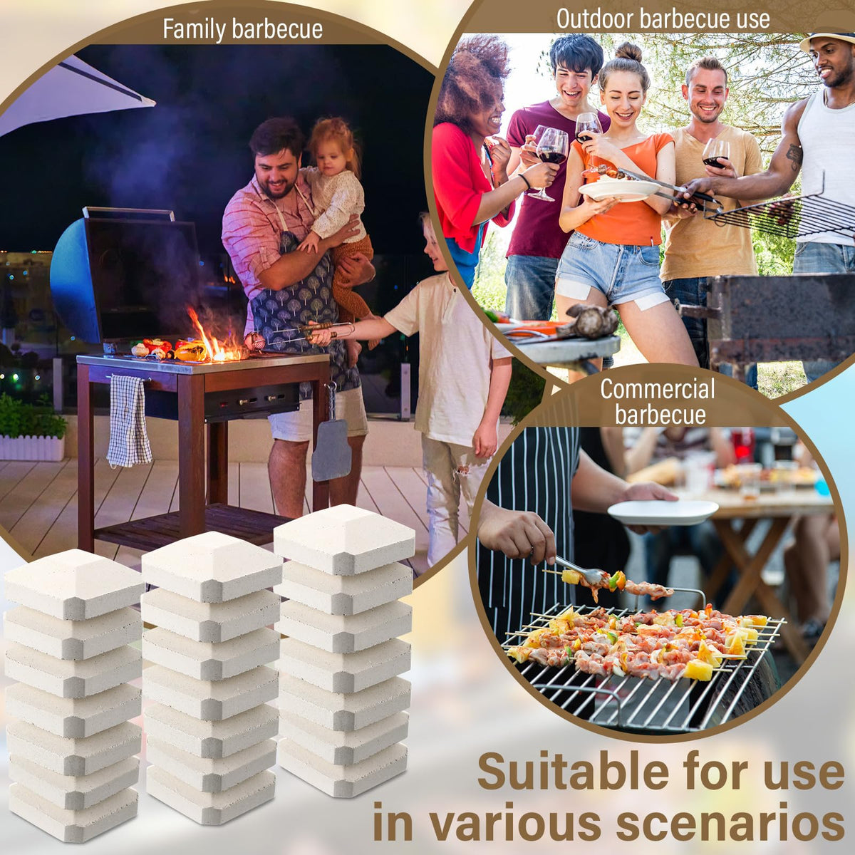 Baquler sits above burners to optimize heat flow and meat browning.