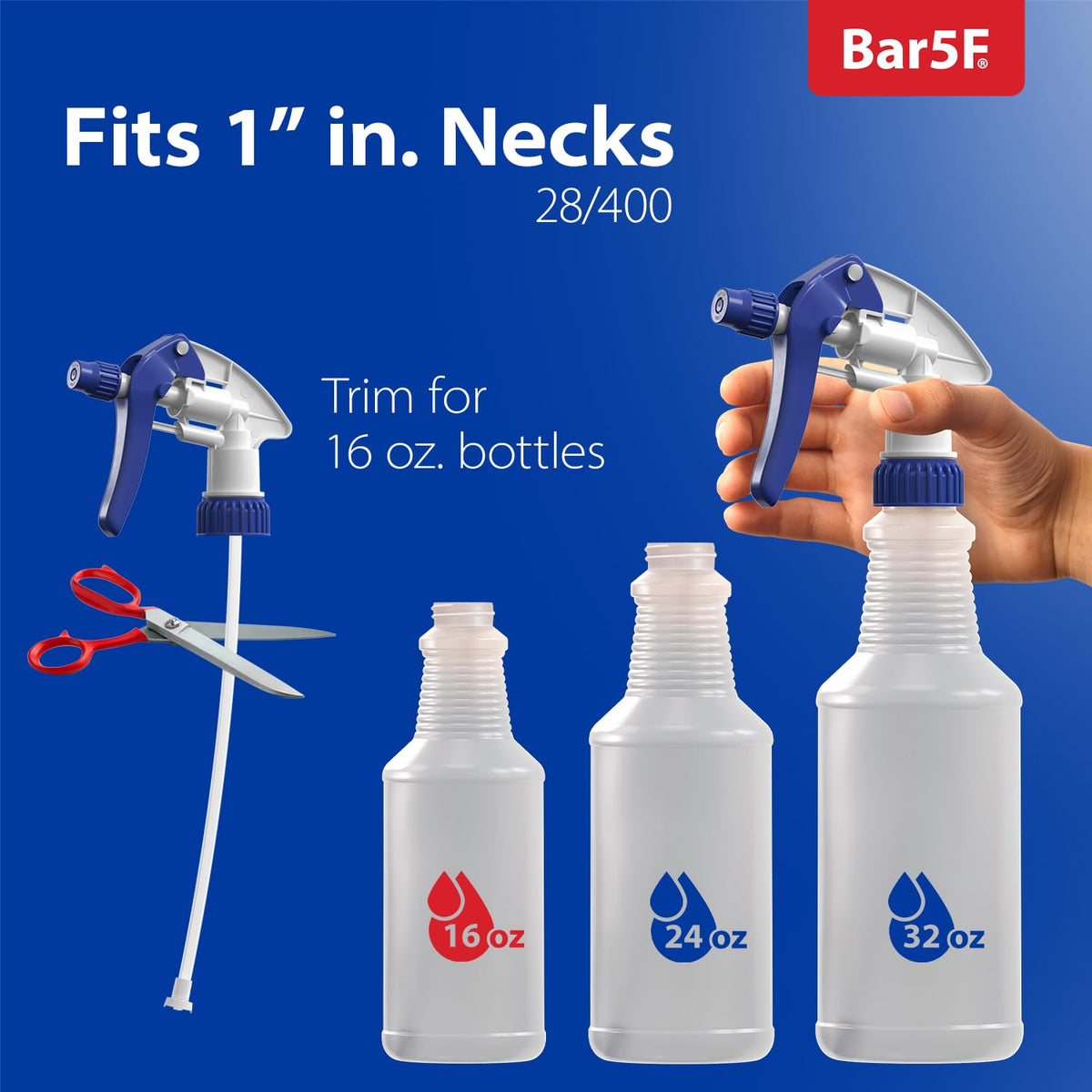 Bar5F dip-tube trimmed sprayer works with 16–32 oz bottles.