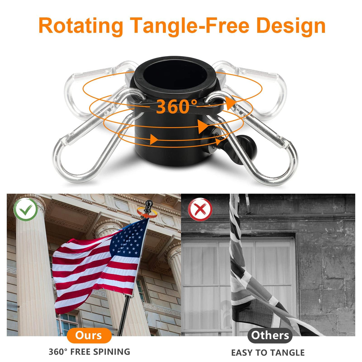 Barcetine anti-tangle flagpole ring prevents wrapping and eases flag unfurling.