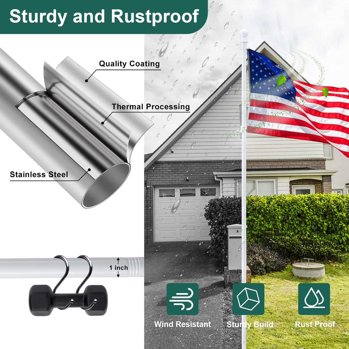 Barcetine stainless steel flag pole resists rust outdoors