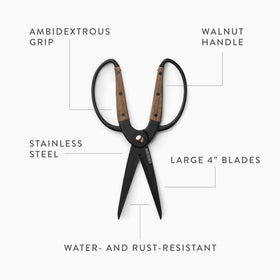 Barebones garden scissors with walnut handle offering ergonomic comfort for long use.