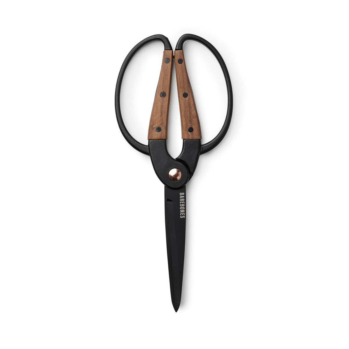 Barebones Garden Scissors with walnut handles in close-up, comfortable grip for precise pruning.