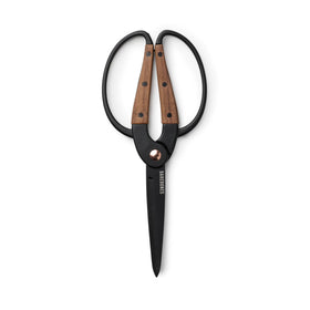 Barebones Garden Scissors with walnut handles in close-up, comfortable grip for precise pruning.