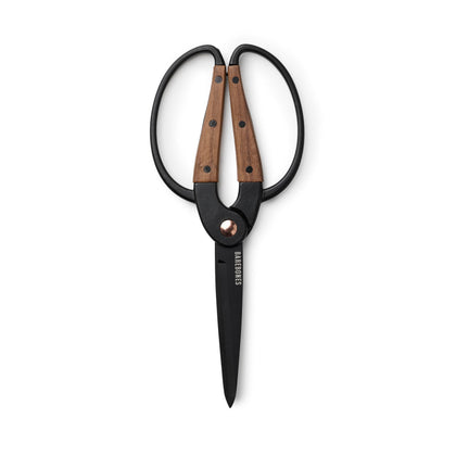 Barebones Garden Scissors with walnut handles in close-up, comfortable grip for precise pruning.