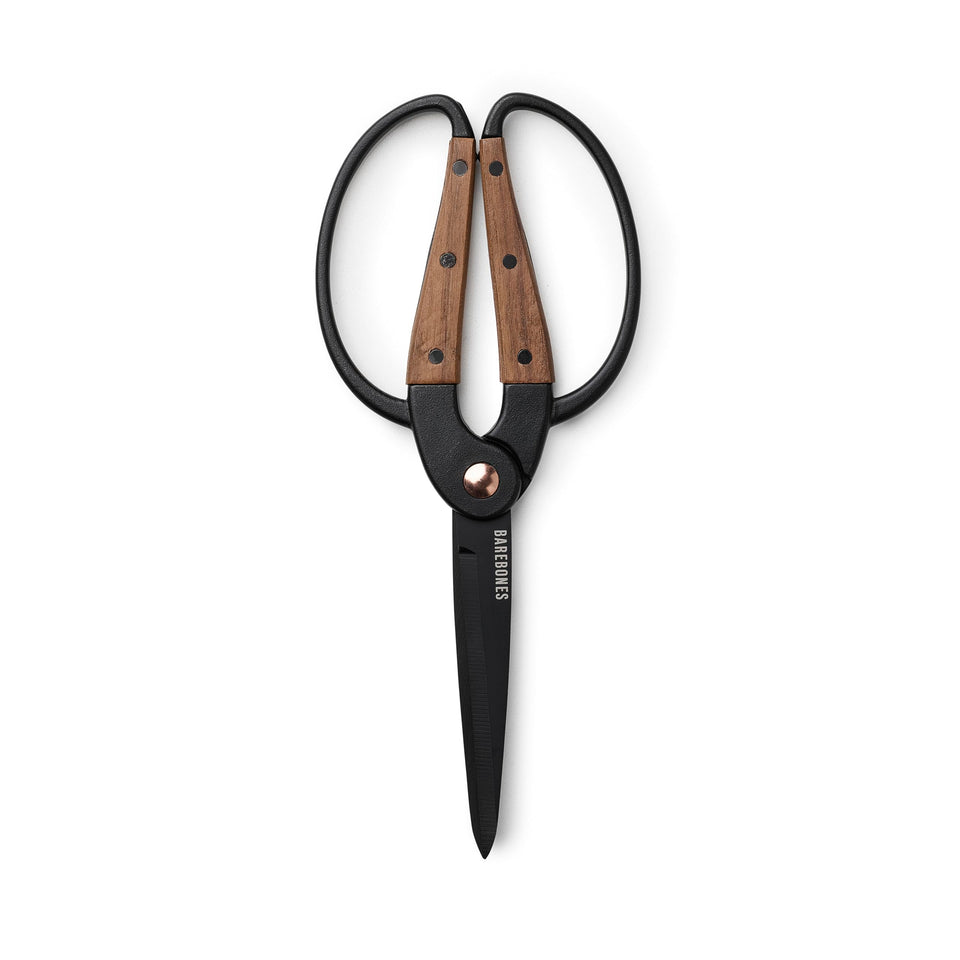 Barebones Garden Scissors with walnut handles in close-up, comfortable grip for precise pruning.