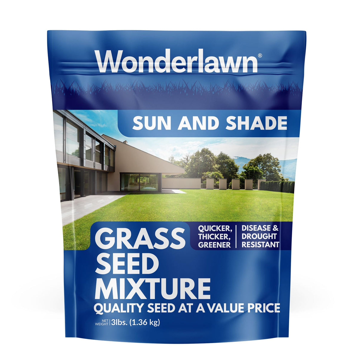 Barenbrug Wonderlawn Sun and Shade seed mix front bag shows premium quality for sun and shade.