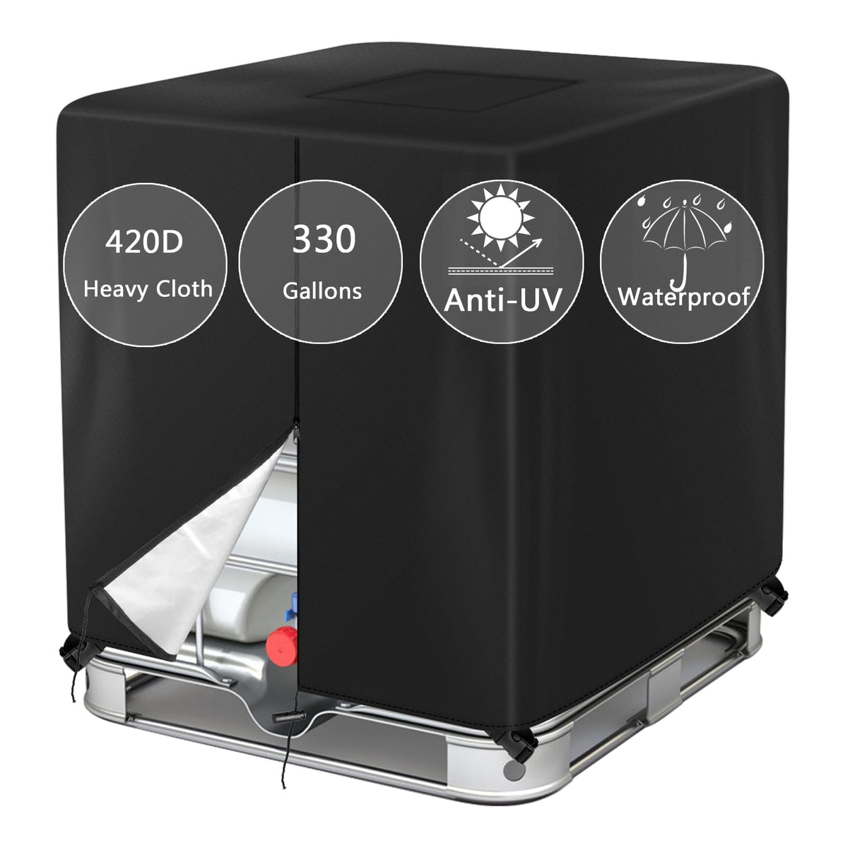 Barlic 330-gallon tote cover with zipper shields the IBC from dust and rain.
