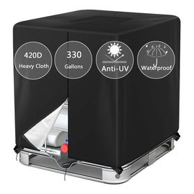 Barlic 330-gallon tote cover with zipper shields the IBC from dust and rain.