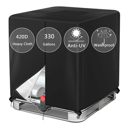 Barlic 330-gallon tote cover with zipper shields the IBC from dust and rain.