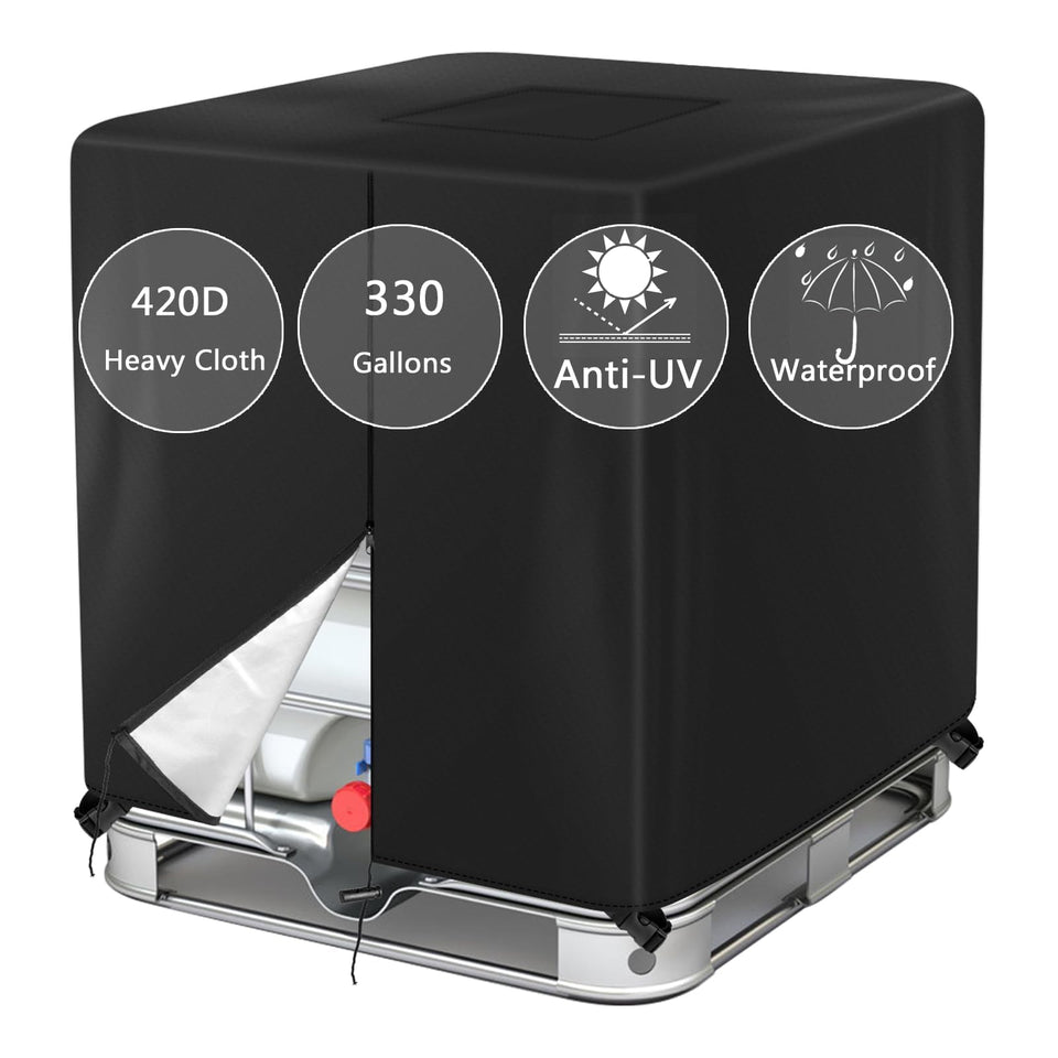 Barlic 330-gallon tote cover with zipper shields the IBC from dust and rain.