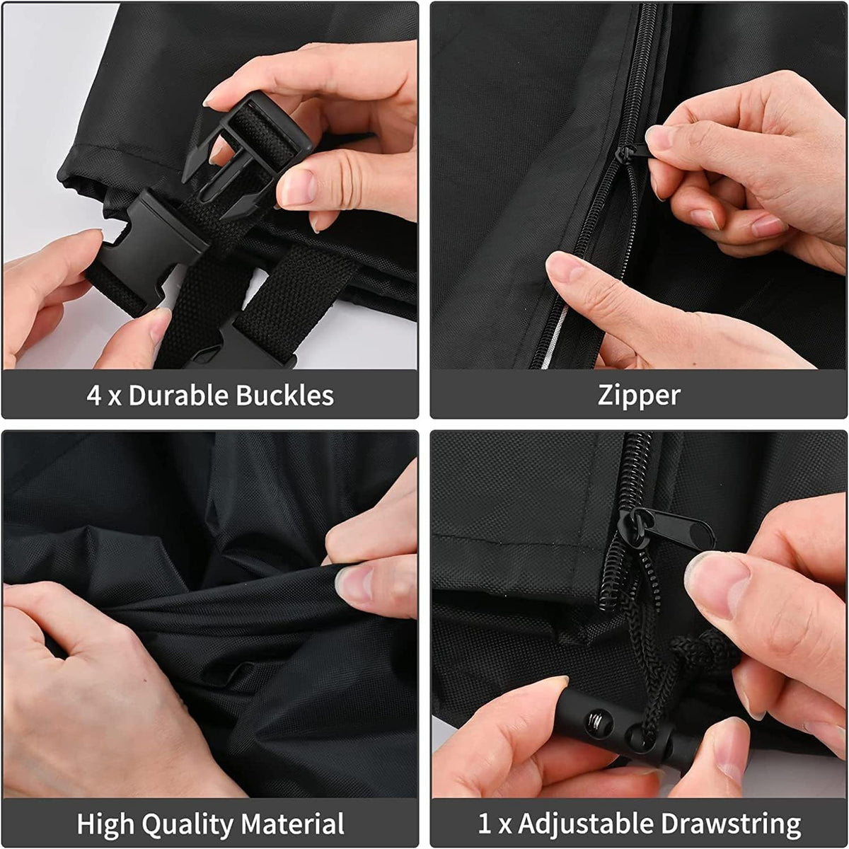 Barlic tote cover anchors with four hitches to resist strong winds.