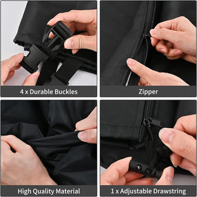 Barlic tote cover anchors with four hitches to resist strong winds.
