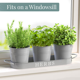 Barnyard Designs drainage holes tray shown with herb pots