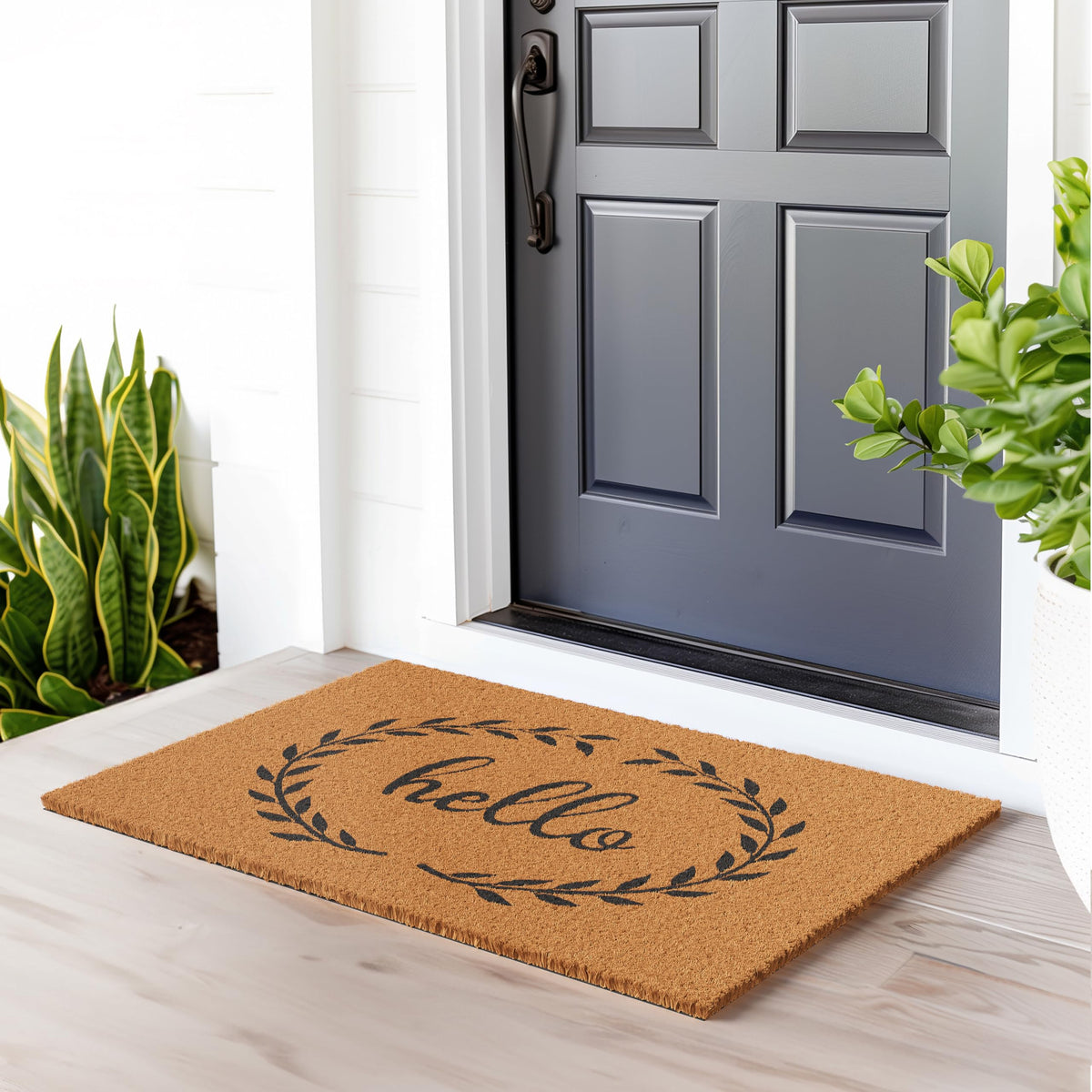 Barnyard Designs brown front door welcome mat enhances curb appeal