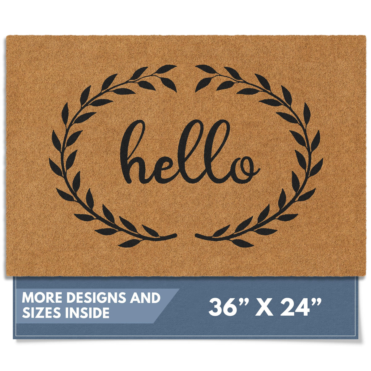 Barnyard Designs natural coir doormat with hello wreath greets entry