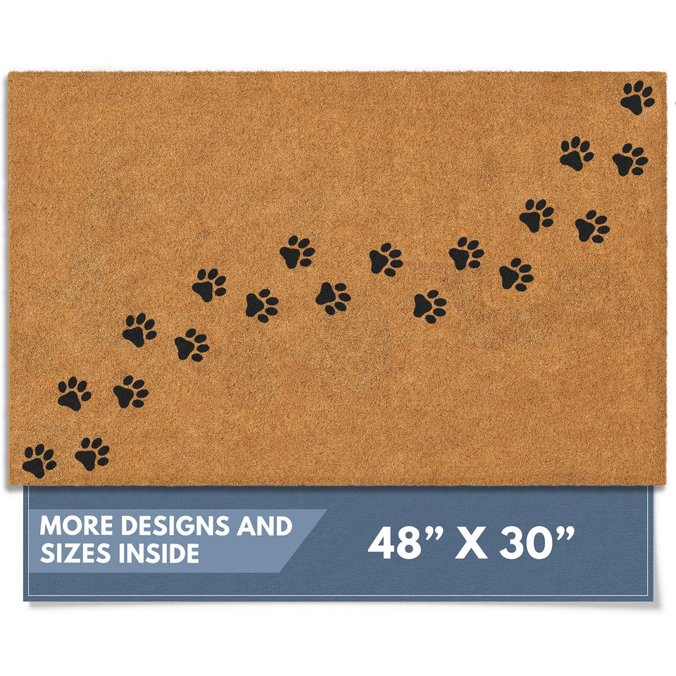 Barnyard Designs Paws Doormat at the front door with a welcoming paw print motif.