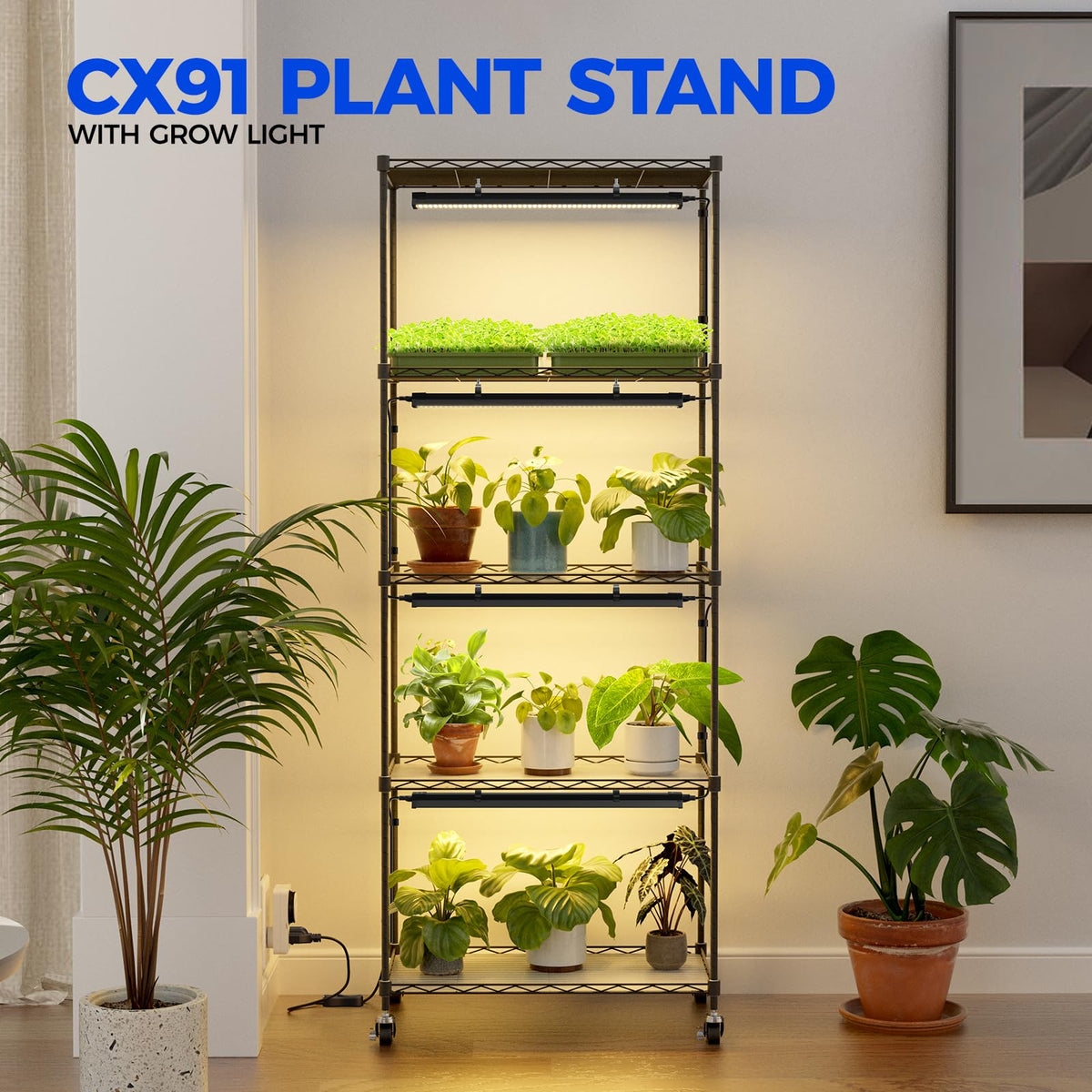 Barrina CX91 five-tier layout showing adjustable shelves for varied plant heights.