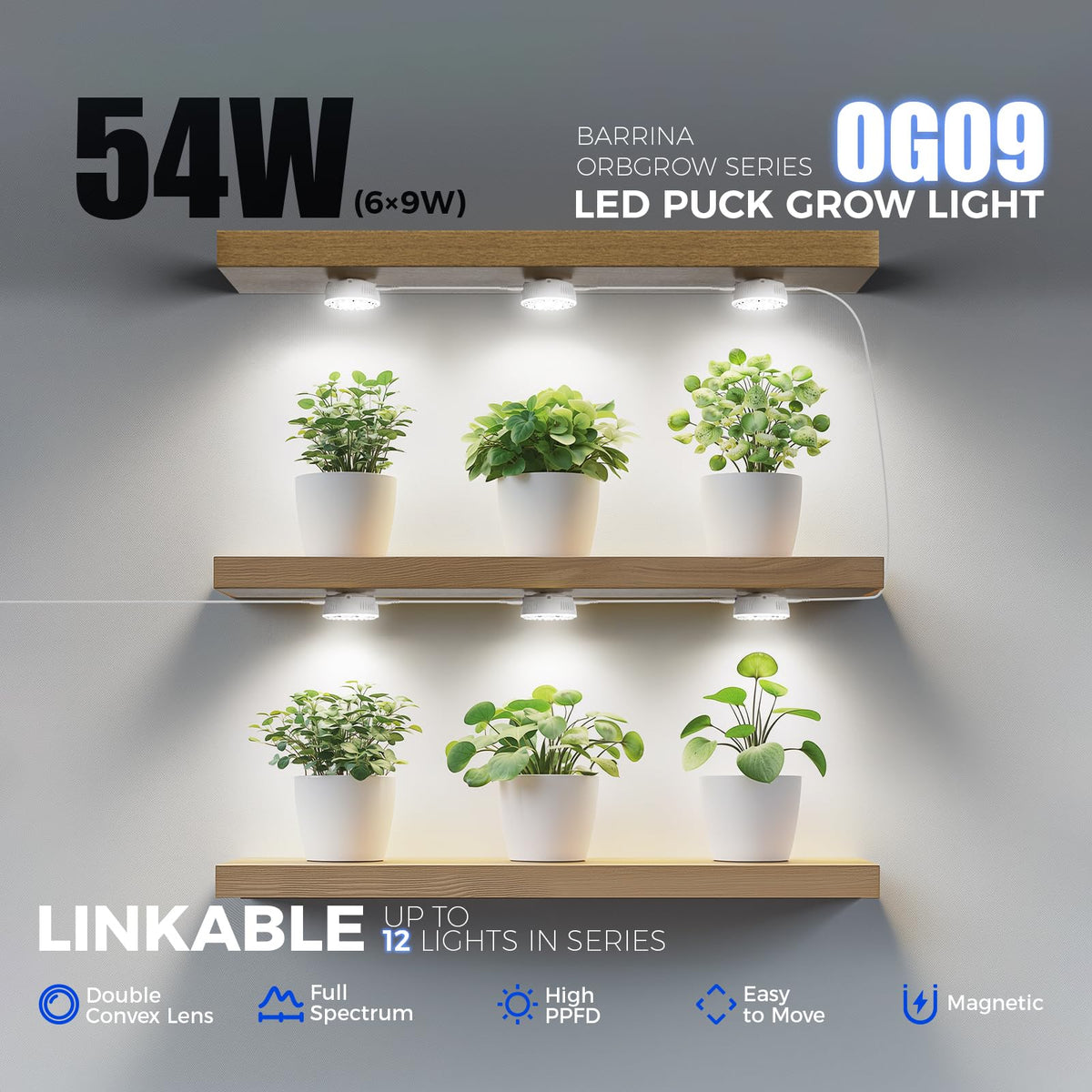 Barrina Orbgrow OG09 puck light’s 5-level dimming enables tailored growth seasons.