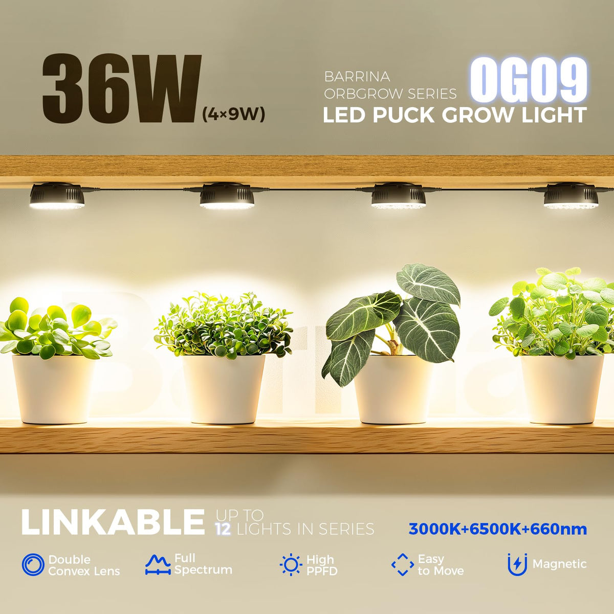 Barrina Orbgrow OG09 puck light with magnetic mount enables flexible placement.
