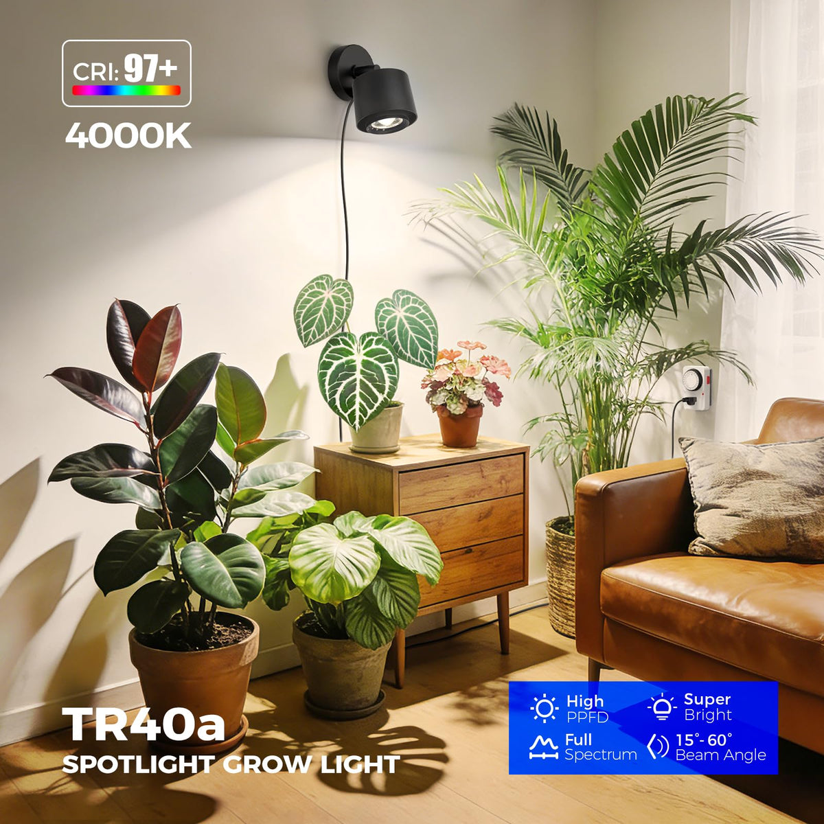 Barrina TR40a full-spectrum light with CRI 97 for accurate plant tones.