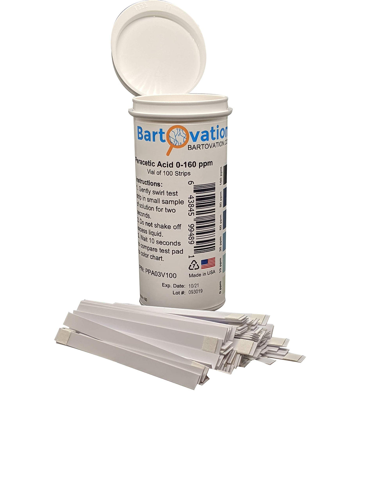 Bartovation Peracetic Acid Test Strips close-up reading for quick concentration check.