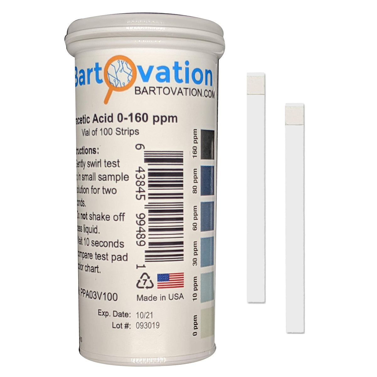 Bartovation Peracetic Acid Test Strips in vial for quick 0–160 ppm checks.