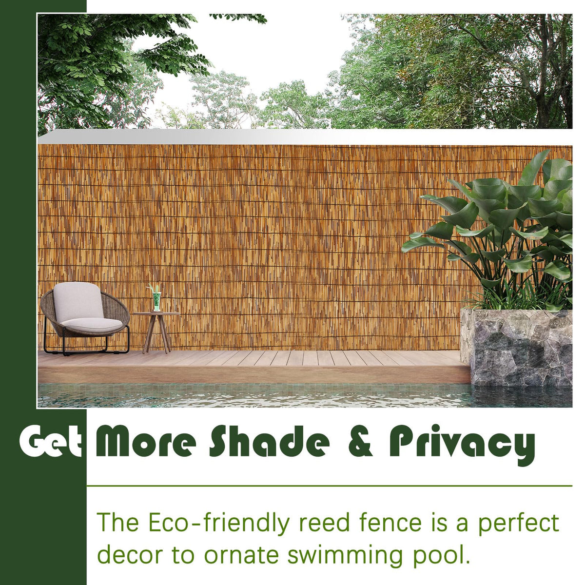 Natural reed texture enhances rustic look on Barydat fence.