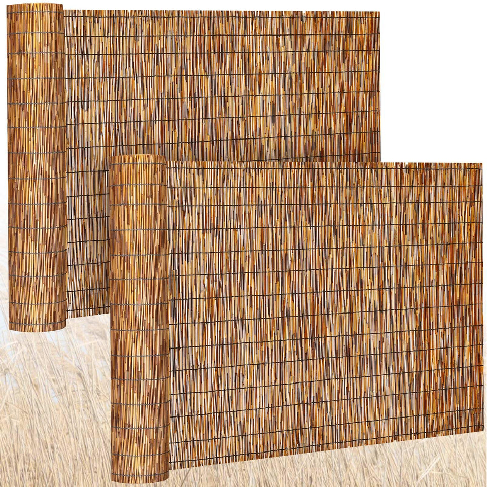 Barydat reed fence roll assembly on railing for privacy and shade.