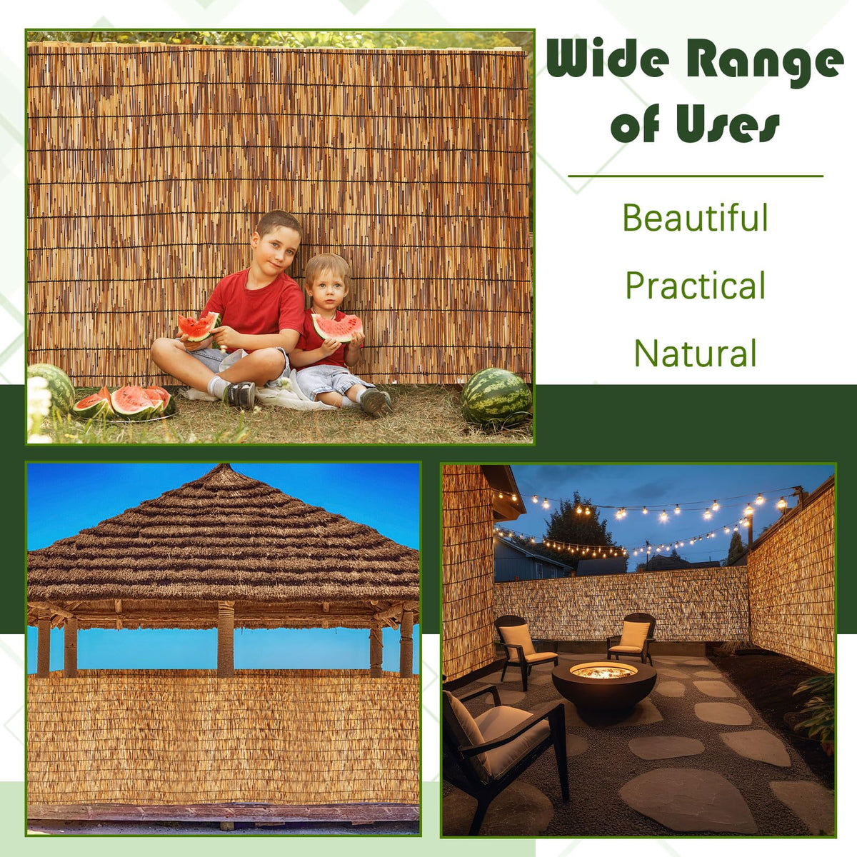 Barydat packaging includes three reed fence rolls with simple care guidance.