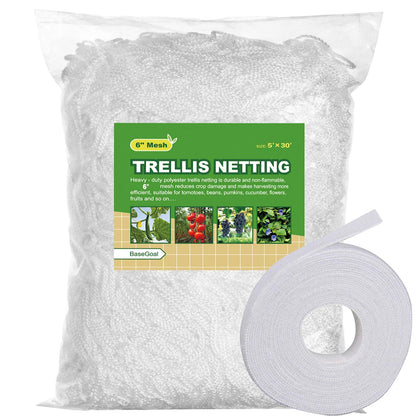 BaseGoal all-weather trellis netting with 6-inch mesh supporting heavy crops