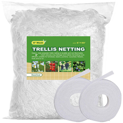 BaseGoal all-weather trellis netting with 6-inch mesh for sturdy plant support.