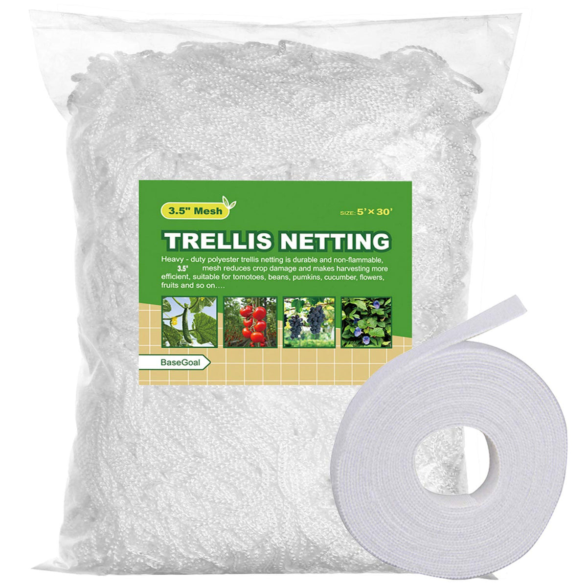 BaseGoal all-weather trellis netting in white mesh supporting heavy crops and stable garden framing.