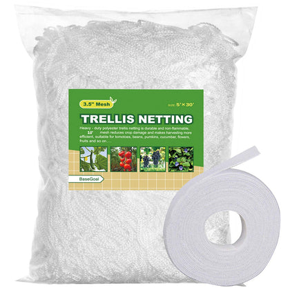 BaseGoal all-weather trellis netting in white mesh supporting heavy crops and stable garden framing.