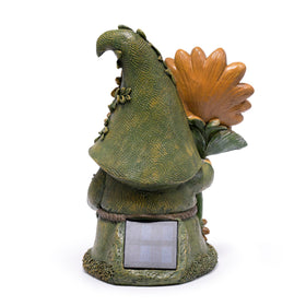 Basen solar panel gnome lights automatically after sunset for easy ambience.