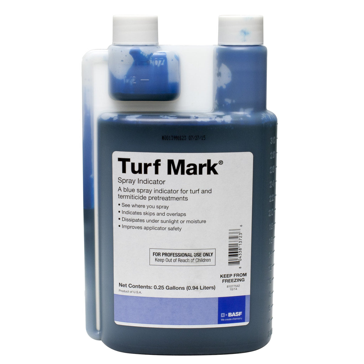BASF Turf Mark Blue spray indicator shows visible coverage for weed and fertilizer applications.