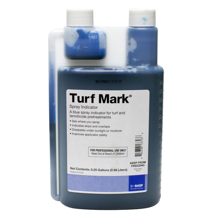 BASF Turf Mark Blue spray indicator shows visible coverage for weed and fertilizer applications.