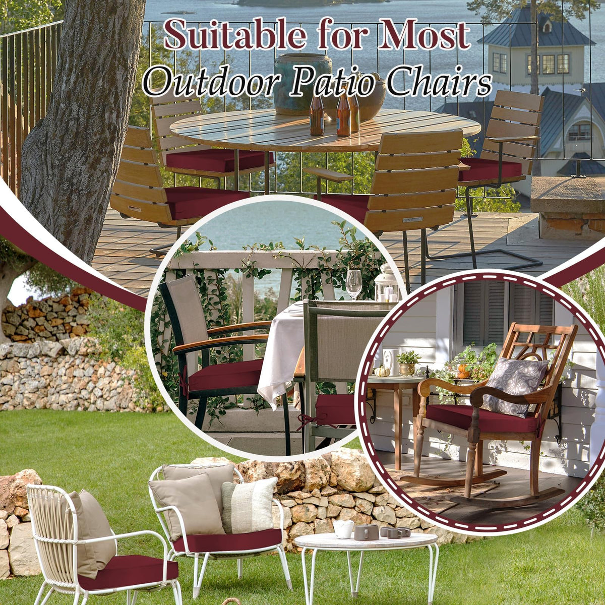 Basic Beyond burgundy patio cushions on chairs create cozy ambiance